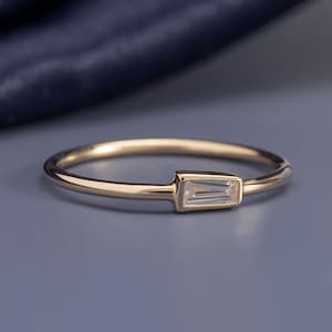 Baguette Moissanite Ring, East West Bezel Set 925 Sterling Silver Ring, Minimalist Dainty Stacking Promise Ring, Handmade Gift For Her