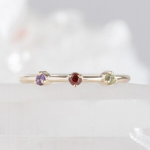 Ruby Three Birthstone Ring, Round Cut 925 Sterling Silver Dainty Ring, Handmade Family Ring, Personalized Gift