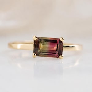 Watermelon Tourmaline Baguette Ring, East West Solitaire Ring, 925 Sterling Silver Minimalist Stackable Ring October Birthstone Gift For Her