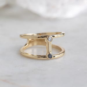 Black Diamond And Moissanite Ring, Open Cage Double Band Ring, 925 Sterling Silver 14K Gold Vermeil, Promise Ring, Anniversary Gift