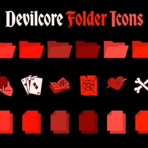 May include: A digital collection of Devilcore Folder Icons featuring red folder and file graphics on a black background. The set includes icons of a trident, an apple, playing cards, a spellbook, a pentagram, a heart, bones, and a ram skull.