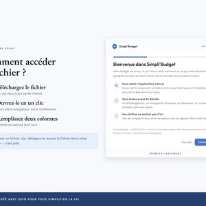 May include: A digital instructional graphic for SimpliBudget featuring a white interface with blue text and icons. The left side lists three steps for file access, while the right side displays a welcome screen with a progress bar and a continue button.