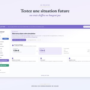 May include: A digital financial simulation interface titled Testez une situation future. The dashboard features a purple header, a sidebar with navigation links, and a central panel displaying budget calculations with values like 1354&euro; and 1114&euro;.