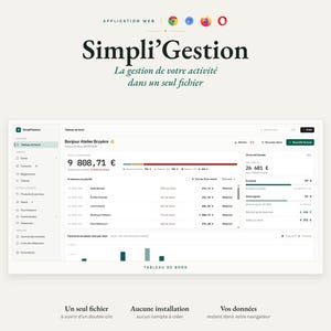 May include: A digital dashboard interface titled Simpli'Gestion, featuring a financial summary, client list, and navigation menu. The screen displays text in French, including 'Bonjour Atelier Bruyère' and 'Tableau de bord'.