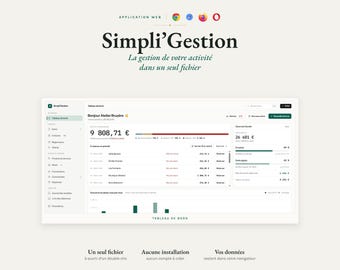 May include: A digital dashboard interface titled Simpli'Gestion, featuring a financial summary, client list, and navigation menu. The screen displays text in French, including 'Bonjour Atelier Bruyère' and 'Tableau de bord'.