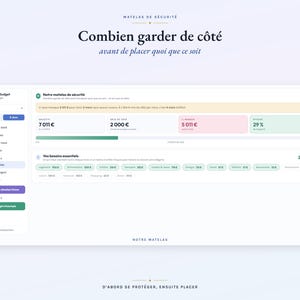 May include: A digital financial dashboard interface titled Combien garder de c&ocirc;t&eacute;, featuring a security cushion tracker with progress bars, numerical data in Euros, and categorized budget sections for essential needs like housing and food.