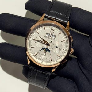 Vintage Jaeger-LeCoultre 41 MM kalender automatiskt urverk rostfritt stålklocka, läderarmband herrarmbandsur