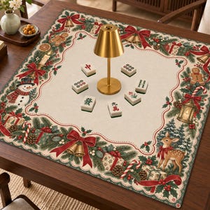 Vintage jul Mahjongmatta, traditionell julspelmatta, rödgrön botanisk bordsduk, festliga vinter Mahjong-tillbehör