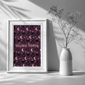 Witch Hat Pattern, Magical Halloween Print, Moon & Stars Design, Witchcore Textile, Editable AI EPS