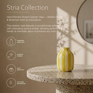 Könnte beinhalten: Eine Keramikvase mit abgerundetem Körper und glänzender Oberfläche, die mit vertikalen gelben und weißen Streifen versehen ist. Der Text auf dem Bild lautet: Stria Collection, Hand-Painted Striped Ceramic Vase, Ceramic Vase Set, Glossy Finish, Gift Worthy, Styling Essential.