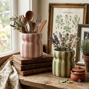 Stria Collection — Pink Striped Ceramic Pot | Cottagecore Kitchen Utensil Holder | Boho Bud Vase | Countertop Decor | Housewarming Gift Her
