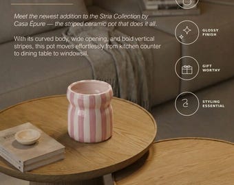 Colección Stria — Maceta de cerámica a rayas | Soporte para utensilios de cocina estilo cottagecore | Jarrón pequeño estilo boho | Decoración de encimera | Regalo de inauguración de casa para ella