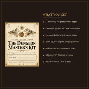 Op de afbeelding: Een digitale campagne- en sessieplanner getiteld The Dungeon Master's Kit, met een illustratie van een 20-zijdige dobbelsteen en bergen. De tekst vermeldt 17 printbare pagina's, trackers voor campagnes, sessies, NPC's en facties, een encounter builder, quest logs, loot ledgers en willekeurige tabellen in PDF-formaat.
