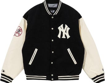 New York Yankees Black And White New Era Varsity Jacket - Unisex Wool Body With Leather Sleeves Bomber Jacket