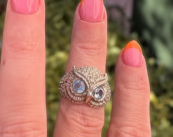 Vintage Owl Ring 1970s sterling silver aquamarine womens jewelry