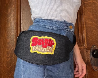 Blue Denim Fanny Pack w Vintage 1970s Embroidered Patch belt / bum bag / casual cross body purse