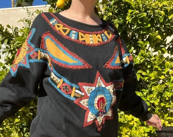 1980s Beaded Hand Painted Santa Fe Sweatshirt size small womens 80s clothing