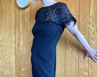 Vintage 1950s Little Black Dress sexy velvet bows trim sheer lace knee length size small cocktail party clothes