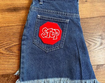 1990s Patched High Waisted Jean Shorts w 90s Stop Sign Embroidered Patch