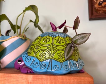 Vintage 1960s Psychedelic Turtle Planter or Incense Burner ceramic purple green flower power
