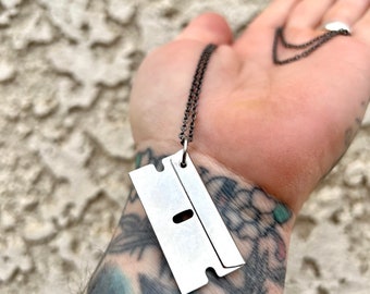 Silver Razor Blade Necklace on Gunmetal Black Chain jewelry for men or women gender neutral