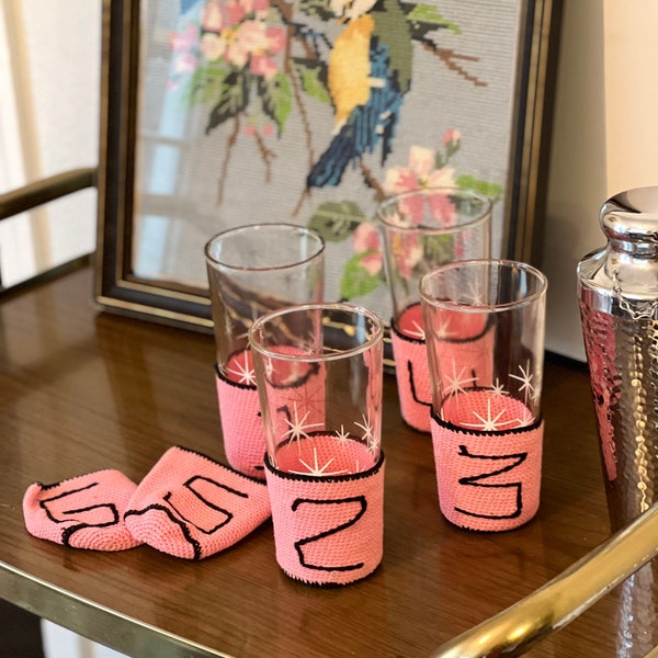 Vintage Pink and Black Crocheted Drink Cozies unique MCM bar ware home bar wine charms party hostess drinker gift