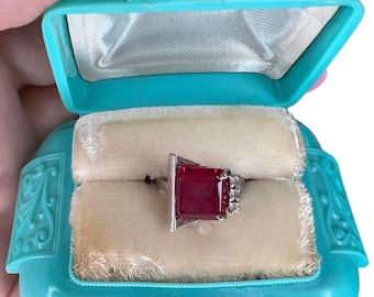 Vintage 1980s Hot Pink Ruby with Diamonds white gold ring 80s avant garde princess cut