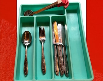 Vintage Aqua Turquoise Silverware Organizer cutlery drawer holder