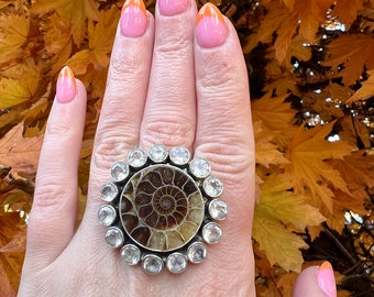 Vintage 1960s Ammonite Fossil and Quartz Crystal Ring with sterling silver flower power wide band