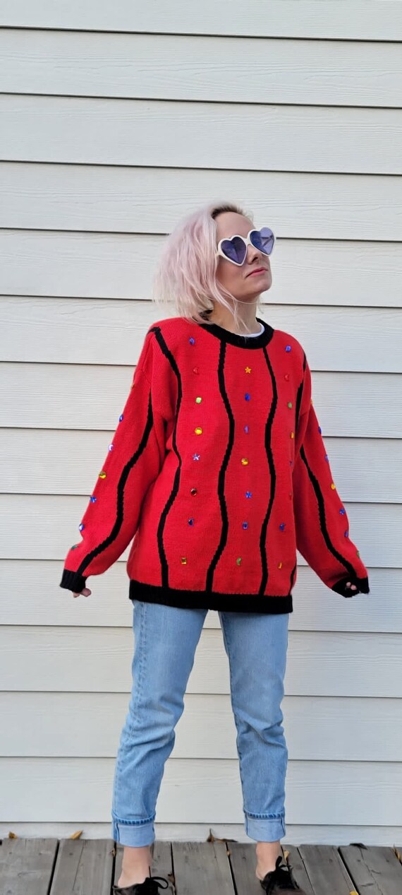 Vintage 1980s Red and Black Sweater bedazzled moon