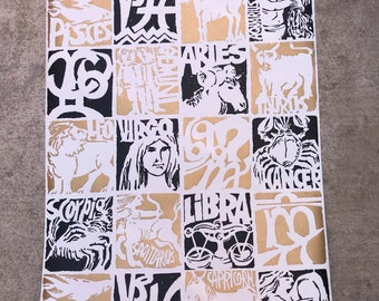 Vintage 70s Gold and Black Wallpaper Astrology Horoscope Print by the yard