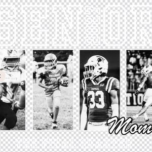 May include: A collage of four black and white photographs featuring football players in uniform, with the word SENIOR in large white outline letters at the top and the word Mom in cursive script at the bottom right corner of the image.