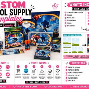 May include: A digital product display for custom school supply templates featuring Sonic the Hedgehog graphics. The set includes 11 editable templates for items like notebooks, folders, pencil boxes, markers, crayons, and glue, all customizable in Canva.