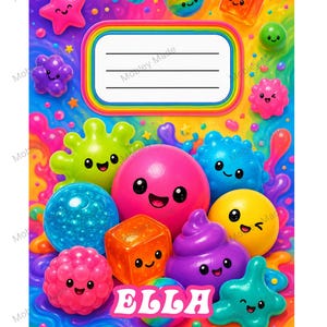 May include: A rectangular notebook cover featuring a vibrant rainbow-coloured background with various smiling, colourful 3D shapes like spheres, cubes, and blobs. A central white rectangular label with rainbow borders and lines sits above the name ELLA.