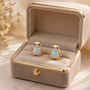 Penguin Opal Stud Earrings, Tiny Penguin Opal Earrings, Animal Earrings Rose Gold Silver Stud Earrings White Fire Opal Nature Christmas Gift