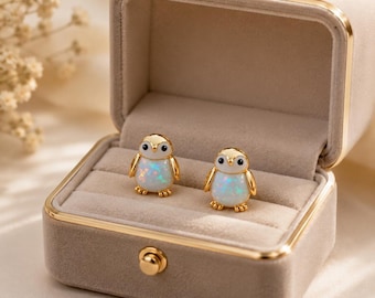 Penguin Opal Stud Earrings, Tiny Penguin Opal Earrings, Animal Earrings Rose Gold Silver Stud Earrings White Fire Opal Nature Christmas Gift