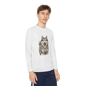 Happy Husky Illustration Youth Long Sleeve, Kids Husky Shirt | Outdoor Adventure Tee