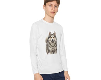 Happy Husky Illustration Youth Long Sleeve, Kids Husky Shirt | Outdoor Adventure Tee