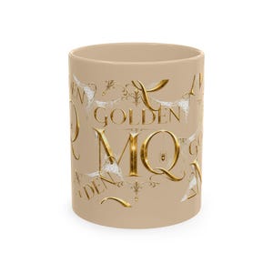 Golden Monogram Script Mug | Metallic Lettering on Beige Ceramic