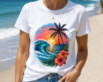 Retro Sunset Palm Tree Shirt | Tropical Beach Vacation Tee | Colorful Hibiscus Flower T-Shirt | Summer Aesthetic Graphic Top | Gift for Her