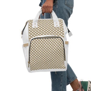 Woven Chevron Pattern Multifunctional Diaper Backpack | Gold White
