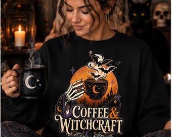 Witch Sweatshirt, 50/50 Cotton Blend Coffee And Witchcraft Graphic | Gildan 18000 Crewneck