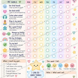 May include: A colorful behavior chart featuring a rainbow, sun, and stars. It includes a grid for tracking daily goals like using kind hands and words, managing feelings, and being independent. The chart has sections for rewards and emotional check-ins.