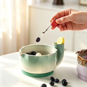 May include: A light green ceramic bowl with a scalloped rim and a side compartment holding a lemon slice. A metal fruit fork with a red strawberry-shaped handle holds a single blueberry above the bowl, with scattered blueberries nearby.