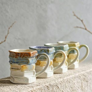 Pode incluir: Um conjunto de quatro canecas de cerâmica, cada uma moldada como uma pilha de livros com uma alça. As canecas apresentam um esmalte brilhante multicolorido em tons de castanho, azul, amarelo e branco, com detalhes texturizados que imitam.