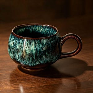 May include: A round ceramic mug featuring a dark brown base colour with a vibrant teal and black drip glaze pattern. The mug has a wide, curved body and a sturdy, matching dark brown handle extending from the side, showcasing a glossy finish.