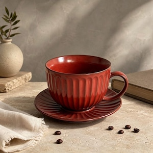 May include: A deep red ceramic coffee cup and matching saucer set featuring a vertical ribbed texture on the exterior. The cup has a curved handle and a smooth interior finish, presented with scattered dark roasted coffee beans nearby.