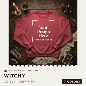 Peut inclure: Un sweat-shirt à col rond rouge foncé avec une impression graphique blanche indiquant Your Design Here et SETPIECE MOCKS à l'intérieur d'un cadre rectangulaire. Le vêtement est présenté à plat avec des manches longues et des bords côtelés.