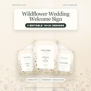Vorlage für ein Willkommensschild mit Wildblumenmotiven für Hochzeiten, 3 bearbeitbare florale Designs (18x24 Zoll), PPTX und Google Slides
