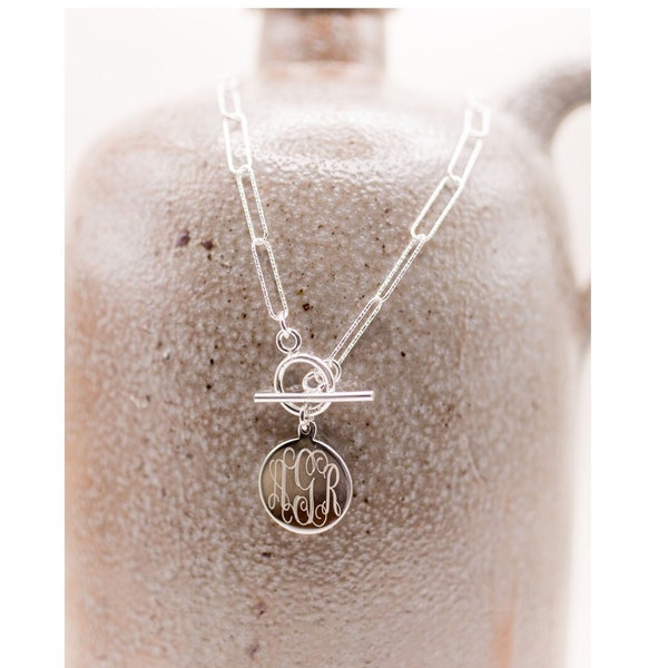 Sterling Silver Diamond Cut Paper Clip Necklace with Monogram Pendant